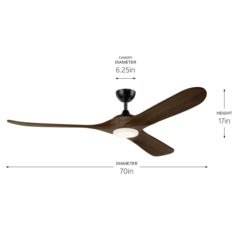 70 in Mylo Ceiling Fan with Satin Etch Cased Opal Glass in Satin Black with Aged Walnut Wood Blades