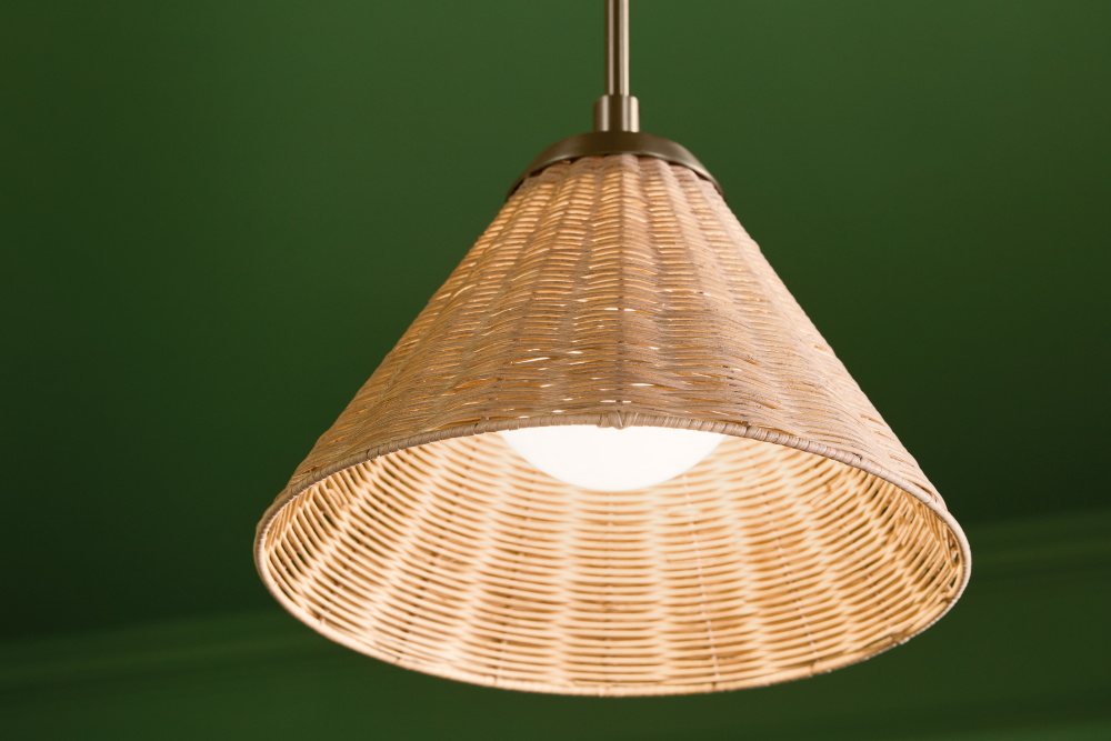 Bekah 14.25 in 1 Lt Convertible Pendant w/ Opal Glass & Handwoven Rattan Shade in Champagne Bronze
