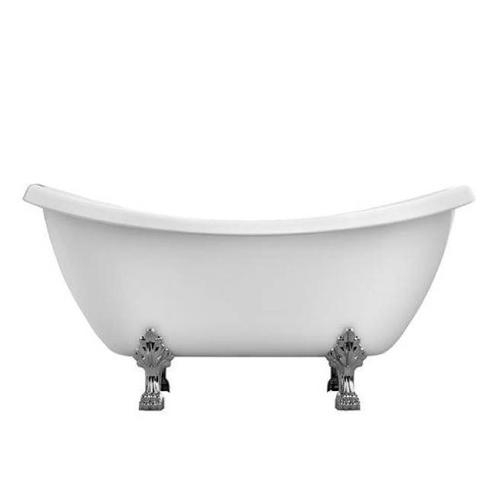 Merrick 69'' Acrylic Double Slipper Tub, No Holes, Overflow, White, Polished Chrome Lion
