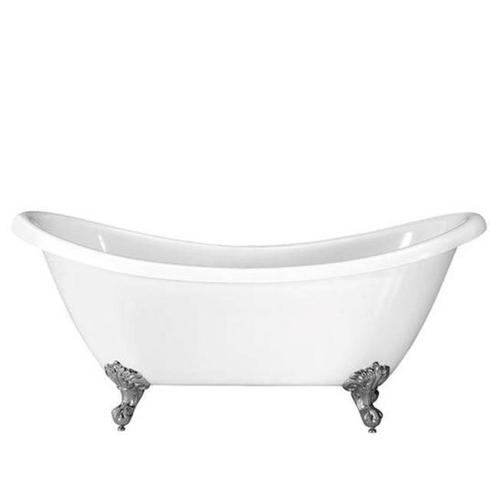 Merrick 69'' Acrylic Double Slipper Tub, No Holes, Overflow, White, Polished Chrome Impe