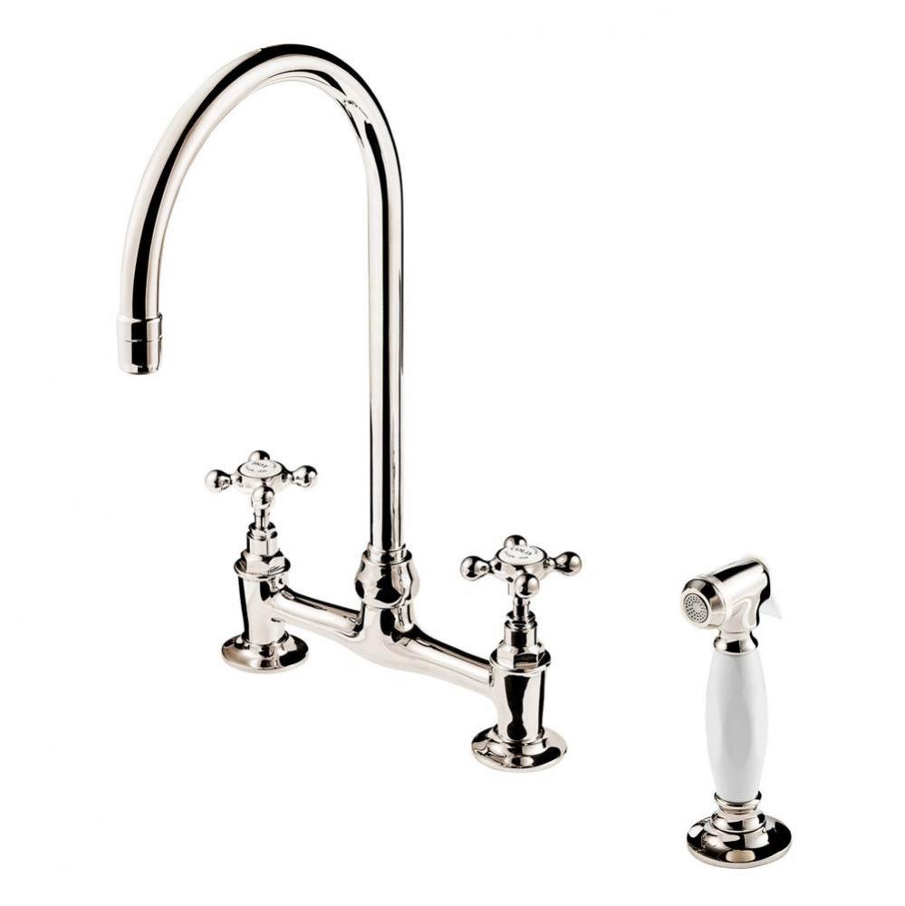 1890'S 3 Hole Bridge Faucet 8'' Swan Neck Swivel Spout W/Hand Spray (Ceramic Disc)