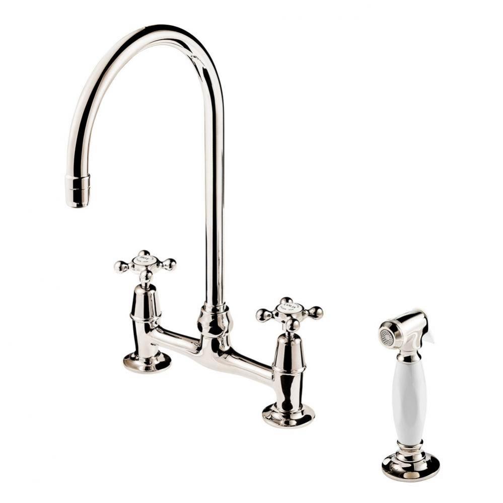 Regent 1900'S 3 Hole Bridge Faucet 8'' Swan Neck Swivel Spout W/Hand Spray (Ceramic