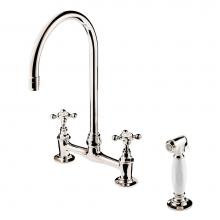 Barber Wilsons and Company R1030-18-FL-PC - 1890'S 3 Hole Bridge Faucet 8'' Swan Neck Swivel Spout W/Hand Spray (Ceramic Disc)
