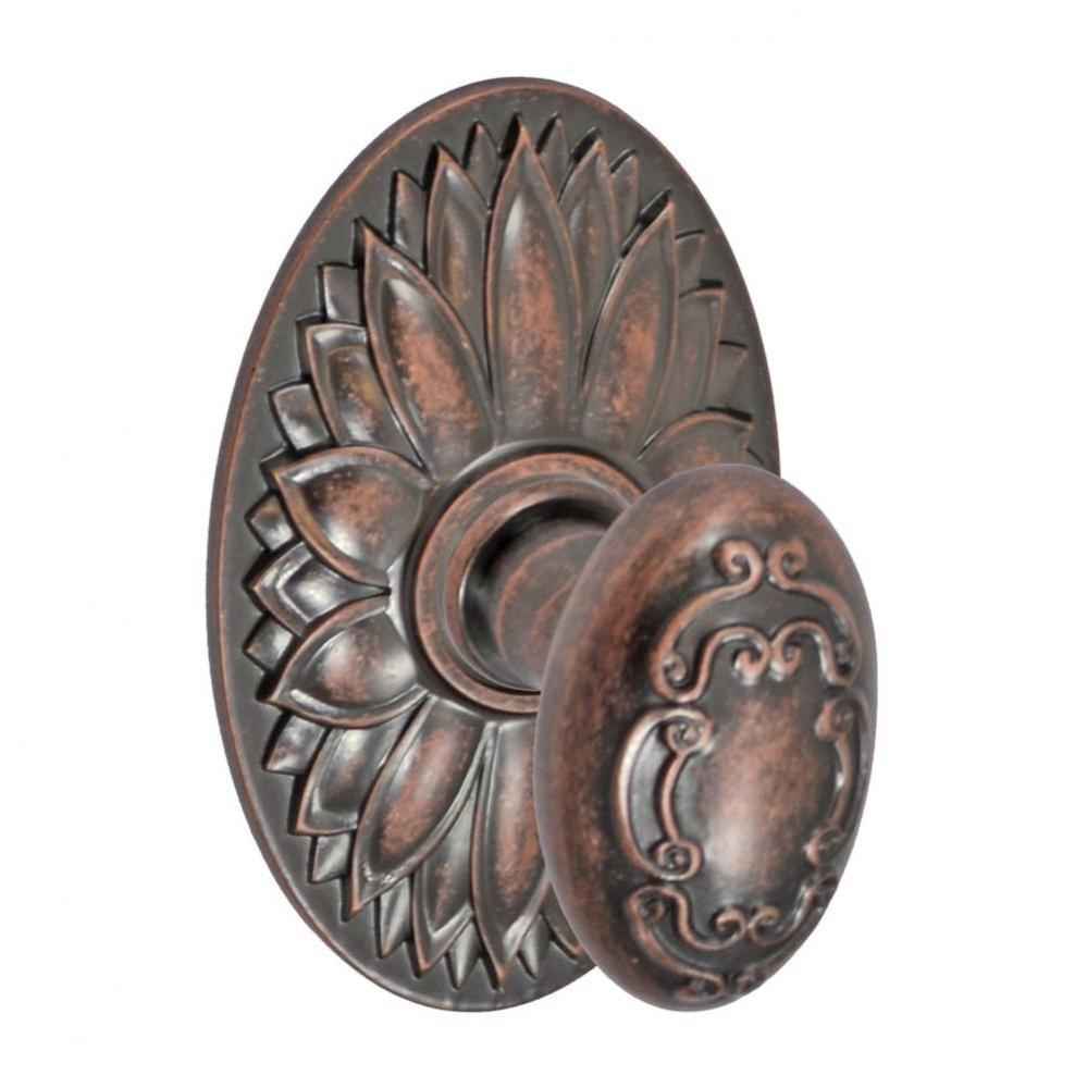 Scroll Egg Knob with Oval Floral Rose Passage Set in Antique
