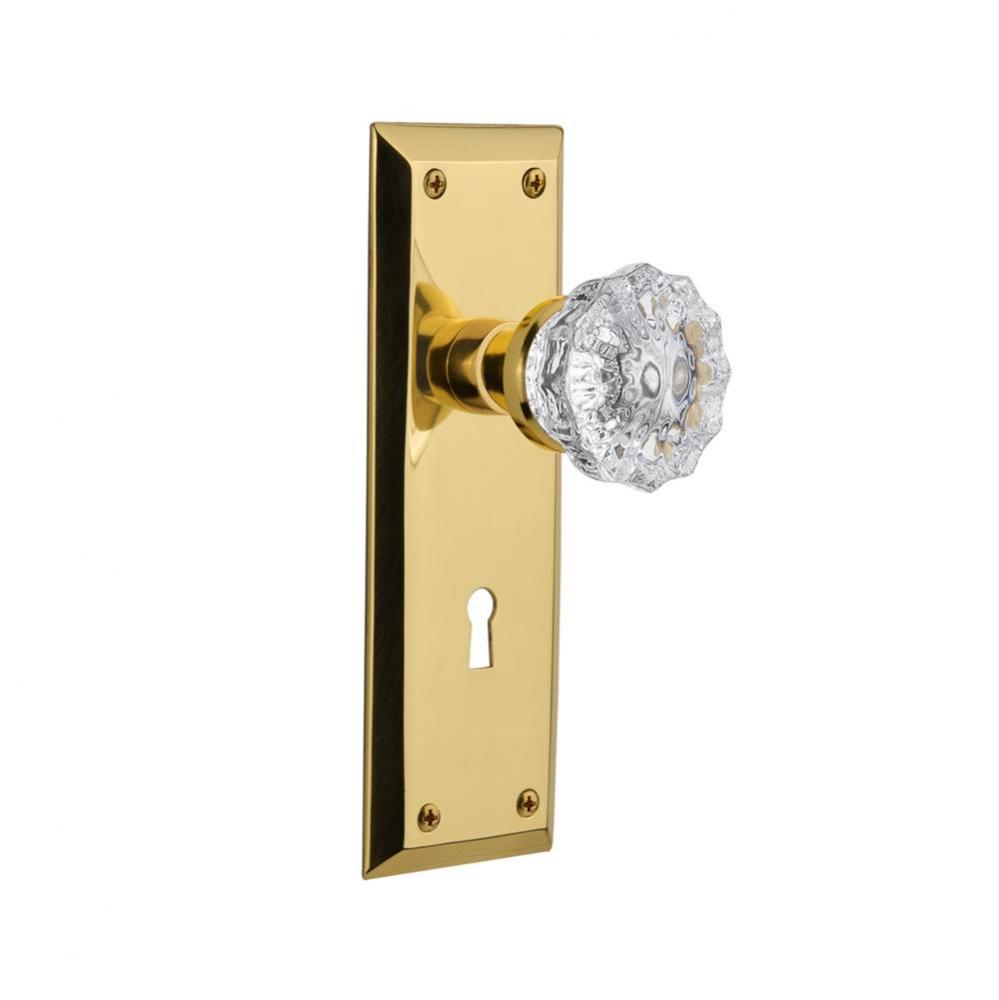 Nostalgic Warehouse New York Plate with Keyhole Privacy Crystal Glass Door Knob in Polished Brass
