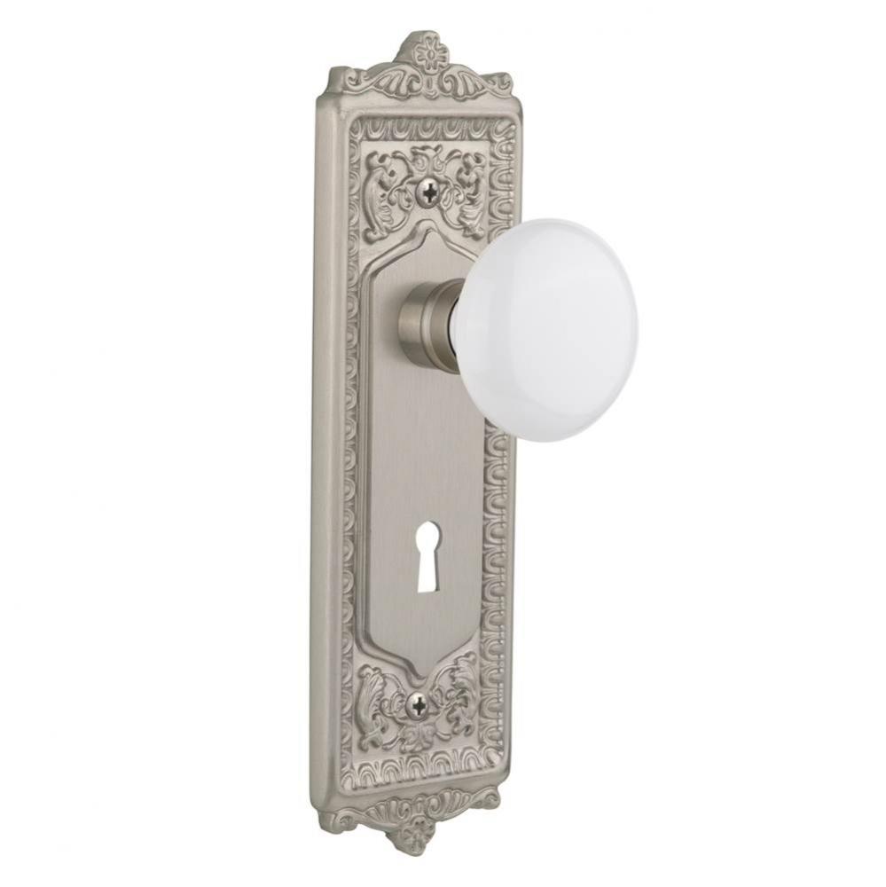 Nostalgic Warehouse Egg & Dart Plate with Keyhole Privacy White Porcelain Door Knob in Satin N