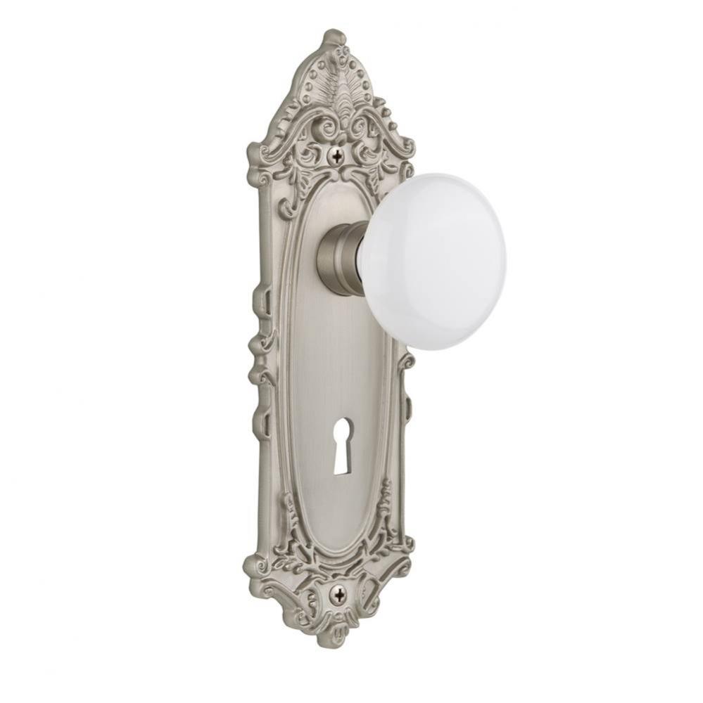 Nostalgic Warehouse Victorian Plate with Keyhole Privacy White Porcelain Door Knob in Satin Nickel