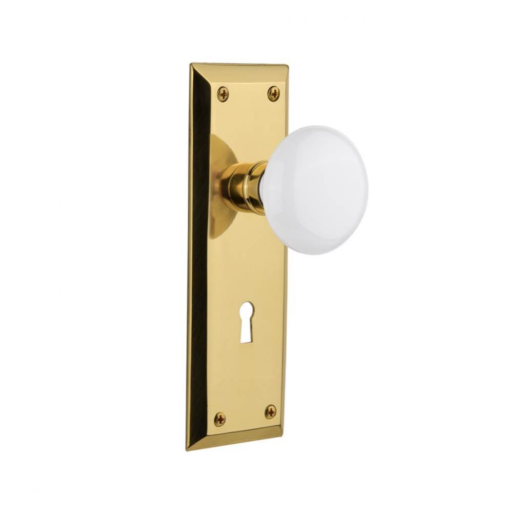 Nostalgic Warehouse New York Plate with Keyhole Passage White Porcelain Door Knob in Polished Bras