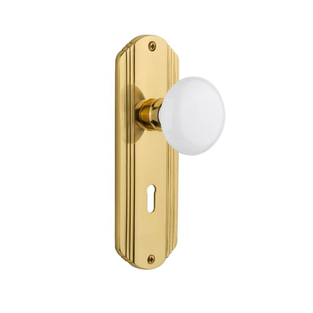 Nostalgic Warehouse Deco Plate with Keyhole Passage White Porcelain Door Knob in Polished Brass