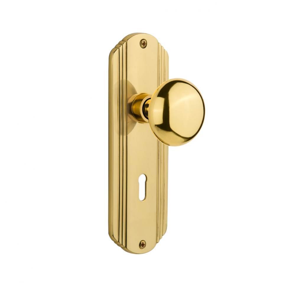 Nostalgic Warehouse Deco Plate with Keyhole Privacy New York Door Knob in Polished Brass