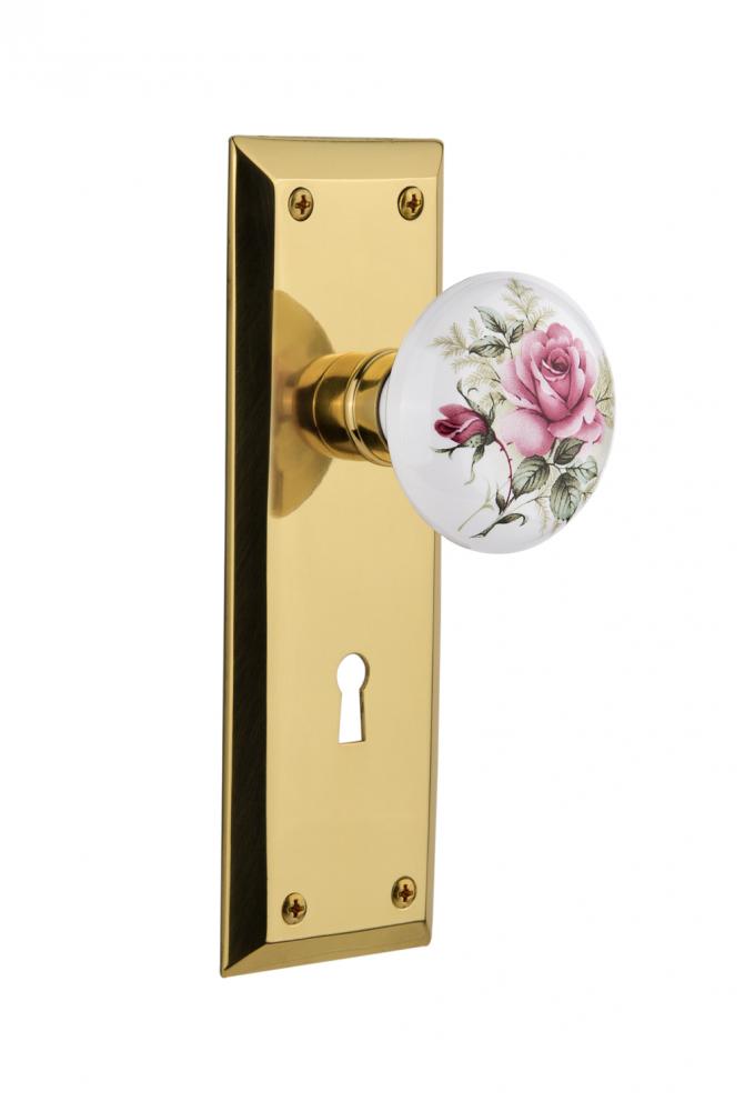 Nostalgic Warehouse New York Plate with Keyhole Privacy White Rose Porcelain Door Knob in Unlacque