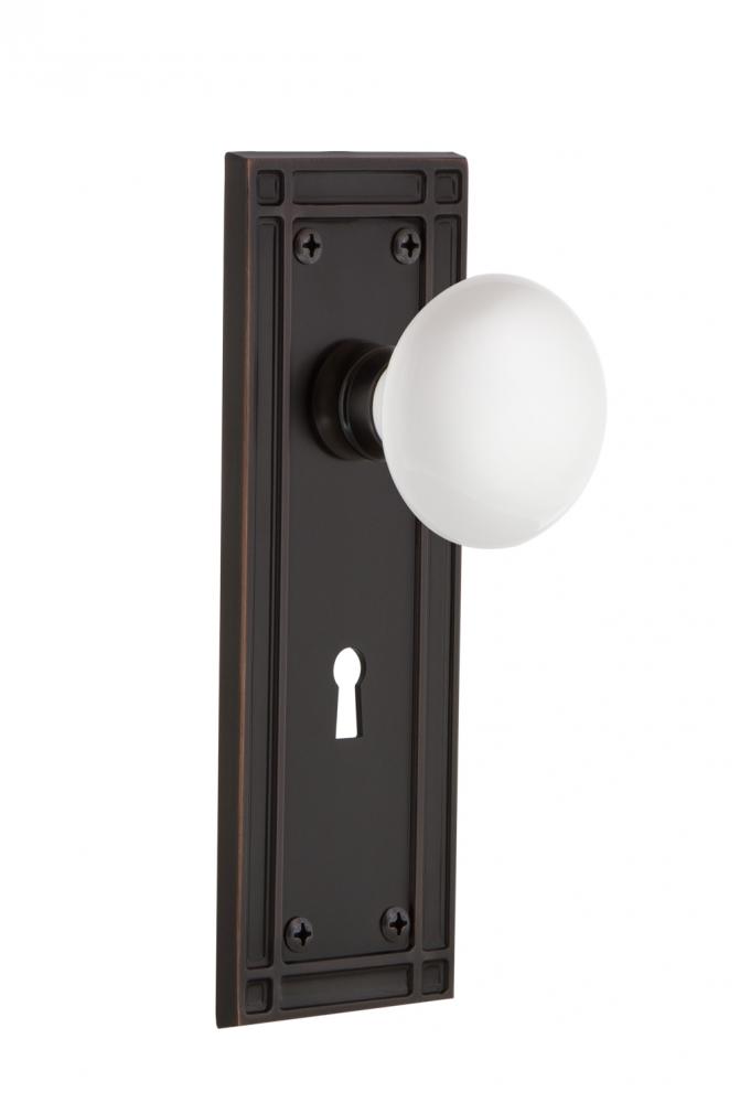 Nostalgic Warehouse Mission Plate with Keyhole Privacy White Porcelain Door Knob in Timeless Bronz