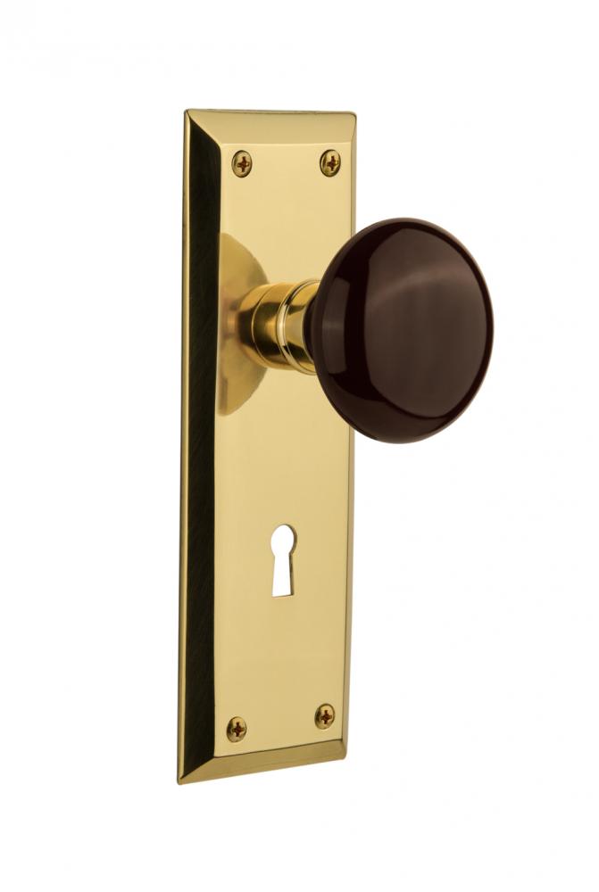 Nostalgic Warehouse New York Plate Interior Mortise Brown Porcelain Door Knob in Unlacquered Brass