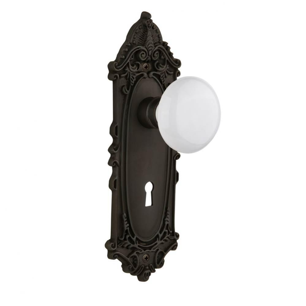 Nostalgic Warehouse Victorian Plate with Keyhole Passage White Porcelain Door Knob in Oil-Rubbed B