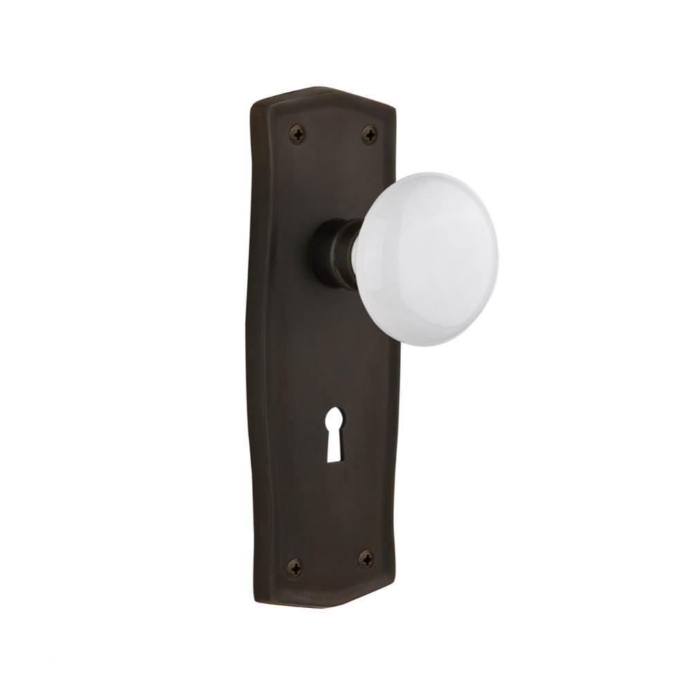 Nostalgic Warehouse Prairie Plate with Keyhole Privacy White Porcelain Door Knob in Oil-Rubbed Bro