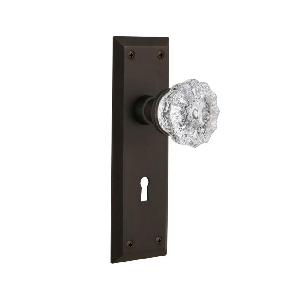 Nostalgic Warehouse New York Plate with Keyhole Privacy Crystal Glass Door Knob in Oil-Rubbed Bron