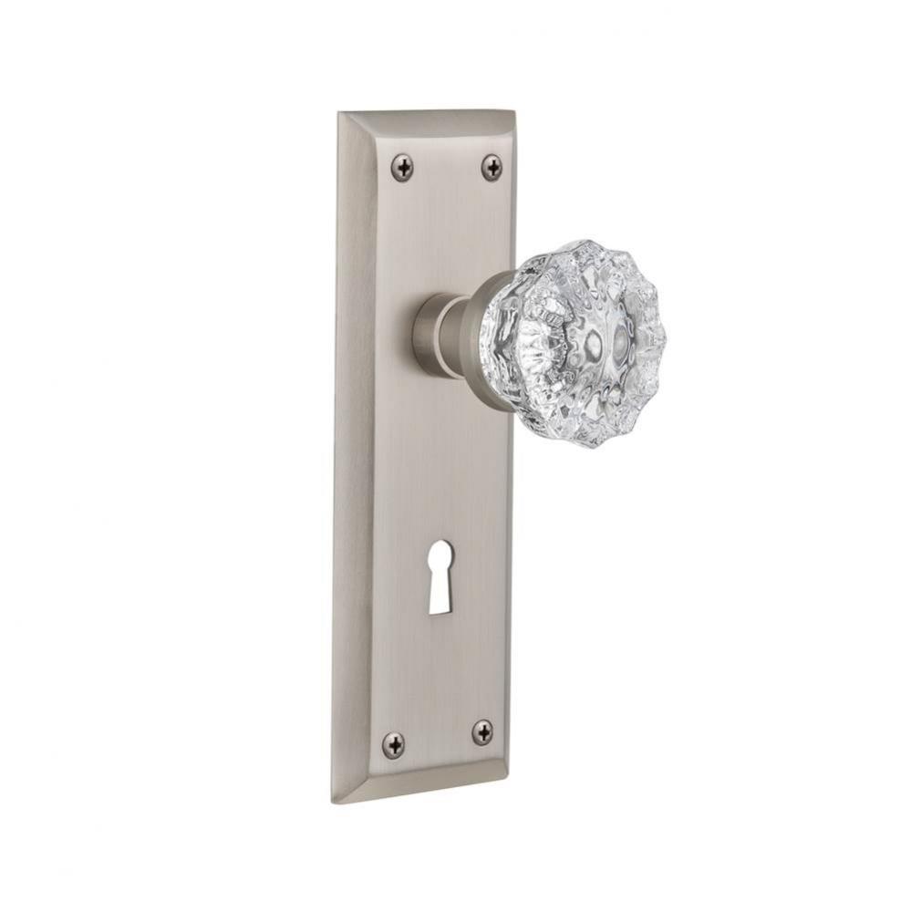 Nostalgic Warehouse New York Plate with Keyhole Double Dummy Crystal Glass Door Knob in Satin Nick