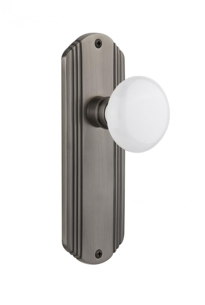 Nostalgic Warehouse Deco Plate Privacy White Porcelain Door Knob in Antique Pewter
