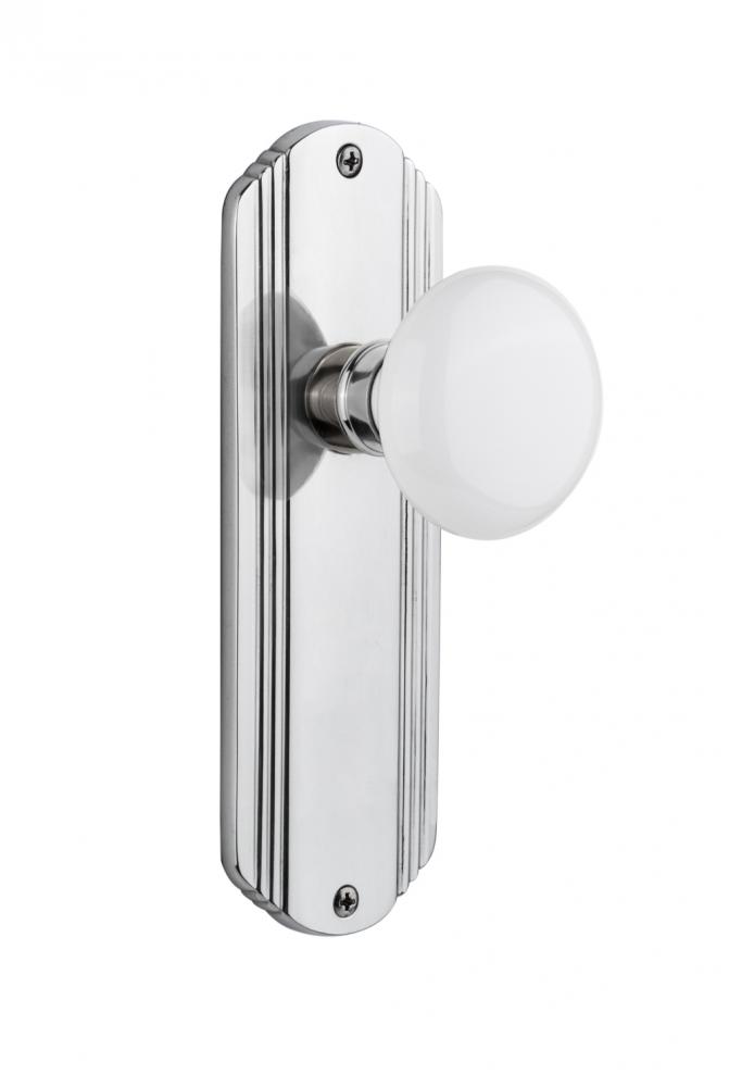 Nostalgic Warehouse Deco Plate Privacy White Porcelain Door Knob in Bright Chrome