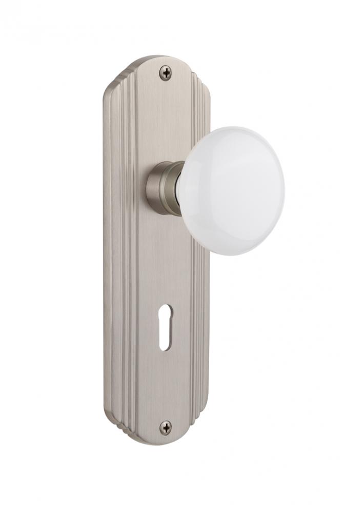 Nostalgic Warehouse Deco Plate with Keyhole Privacy White Porcelain Door Knob in Satin Nickel