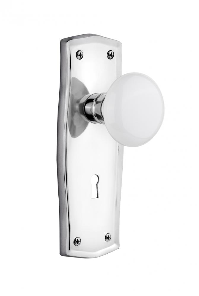 Nostalgic Warehouse Prairie Plate with Keyhole Privacy White Porcelain Door Knob in Bright Chrome
