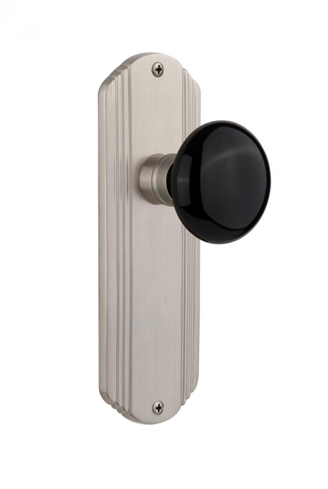 Nostalgic Warehouse Deco Plate Privacy Black Porcelain Door Knob in Satin Nickel
