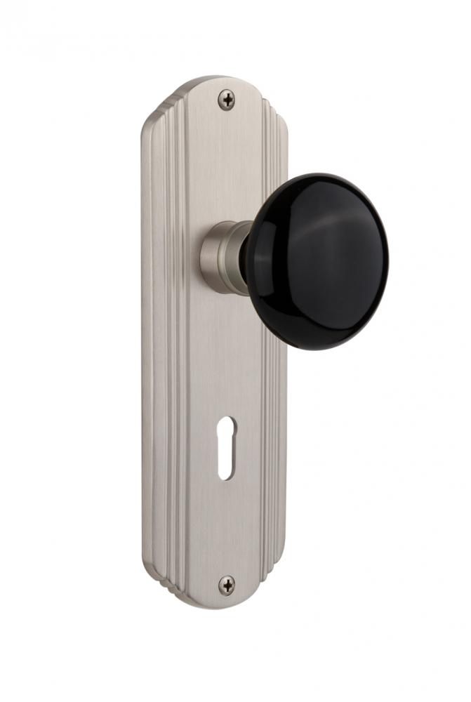 Nostalgic Warehouse Deco Plate with Keyhole Privacy Black Porcelain Door Knob in Satin Nickel