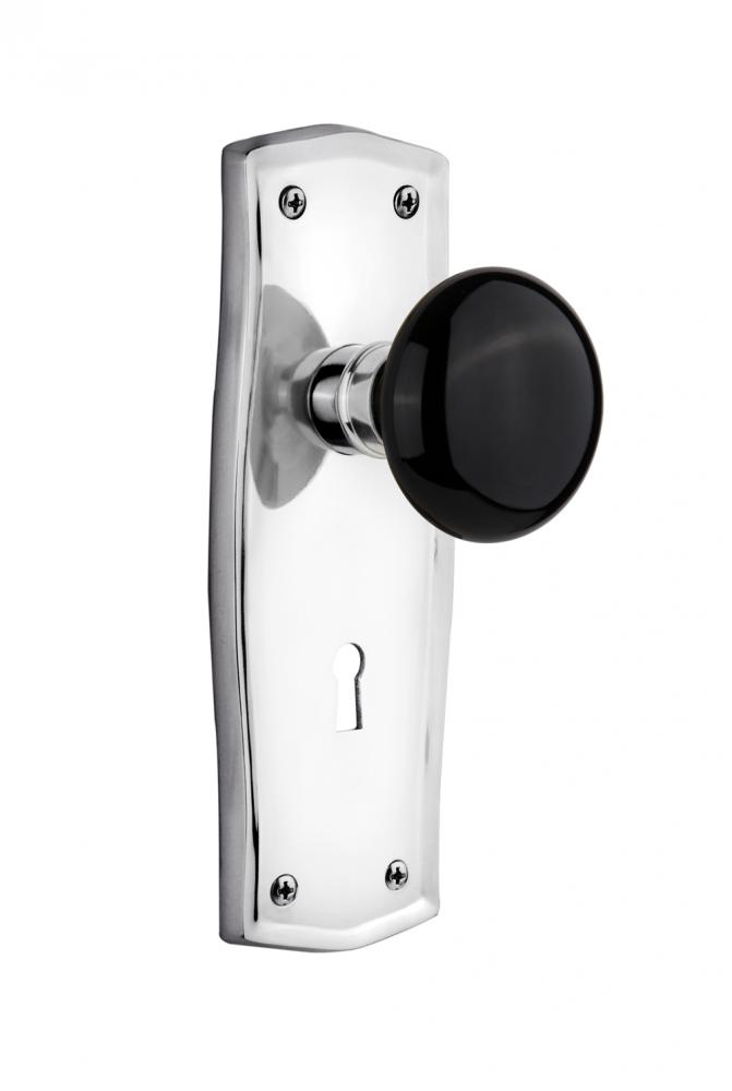 Nostalgic Warehouse Prairie Plate with Keyhole Privacy Black Porcelain Door Knob in Bright Chrome