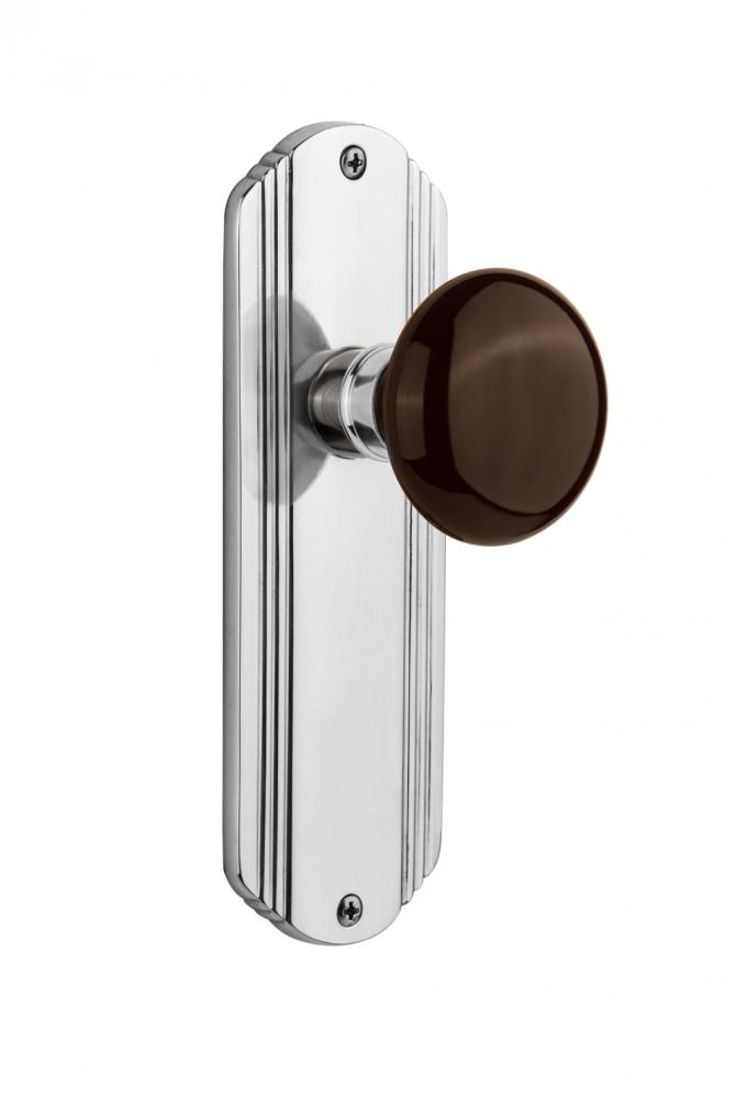 Nostalgic Warehouse Deco Plate Privacy Brown Porcelain Door Knob in Bright Chrome
