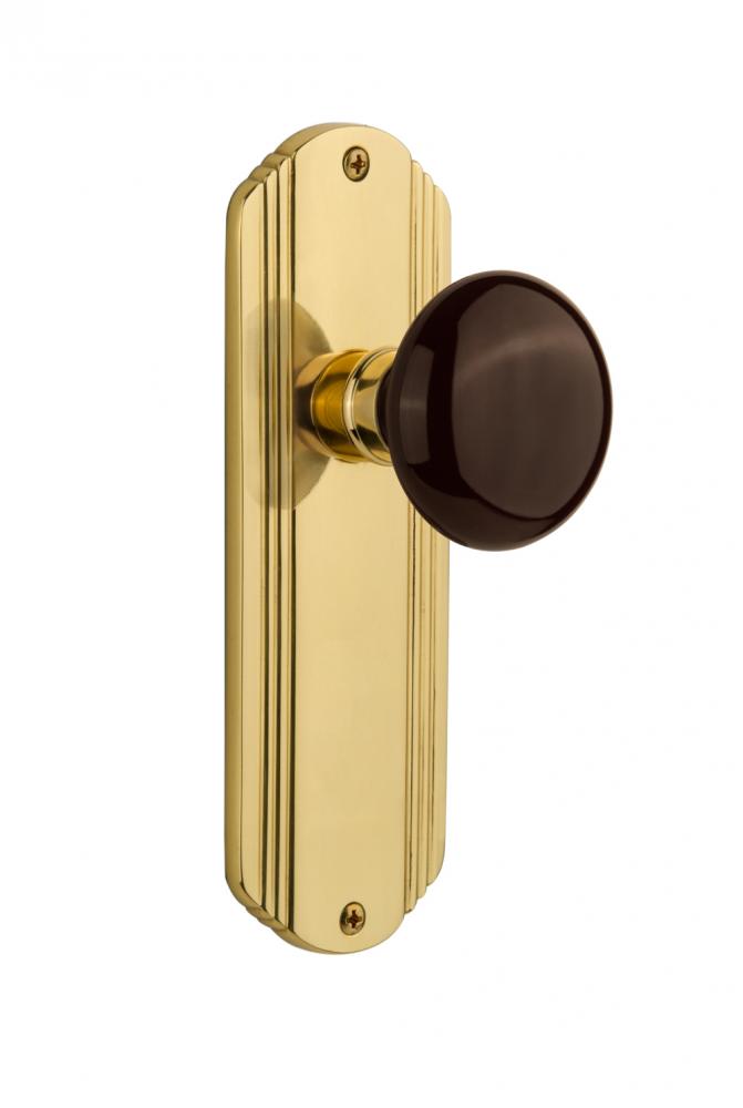 Nostalgic Warehouse Deco Plate Privacy Brown Porcelain Door Knob in Polished Brass