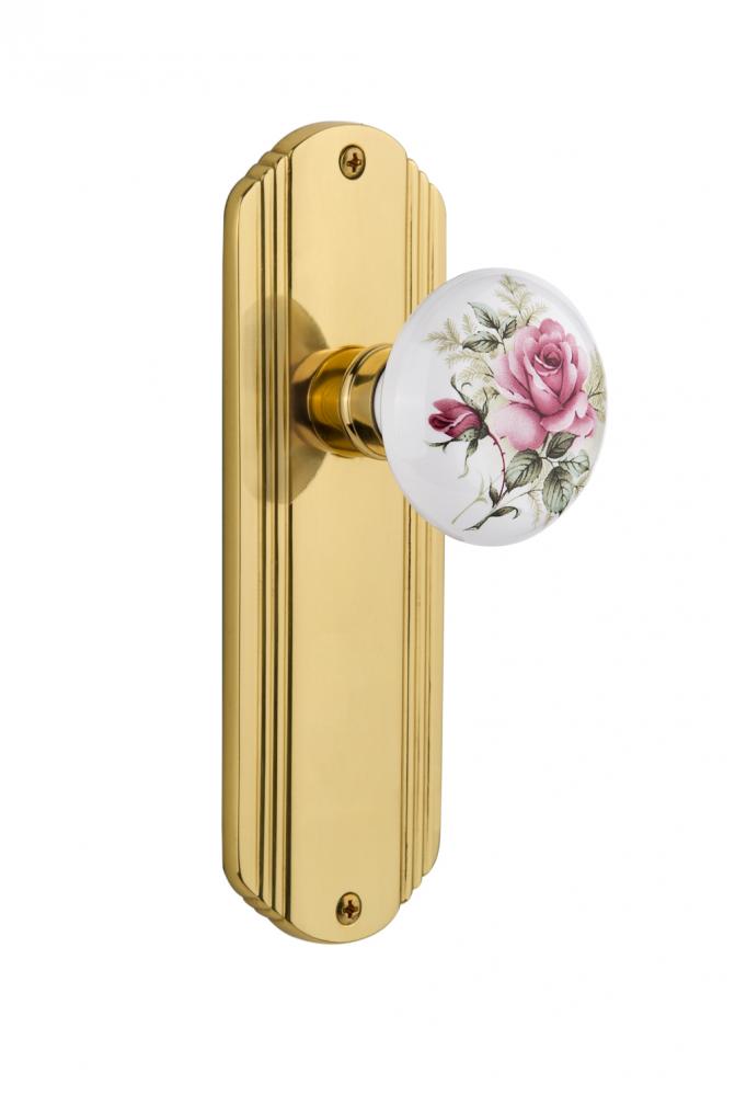 Nostalgic Warehouse Deco Plate Passage White Rose Porcelain Door Knob in Polished Brass