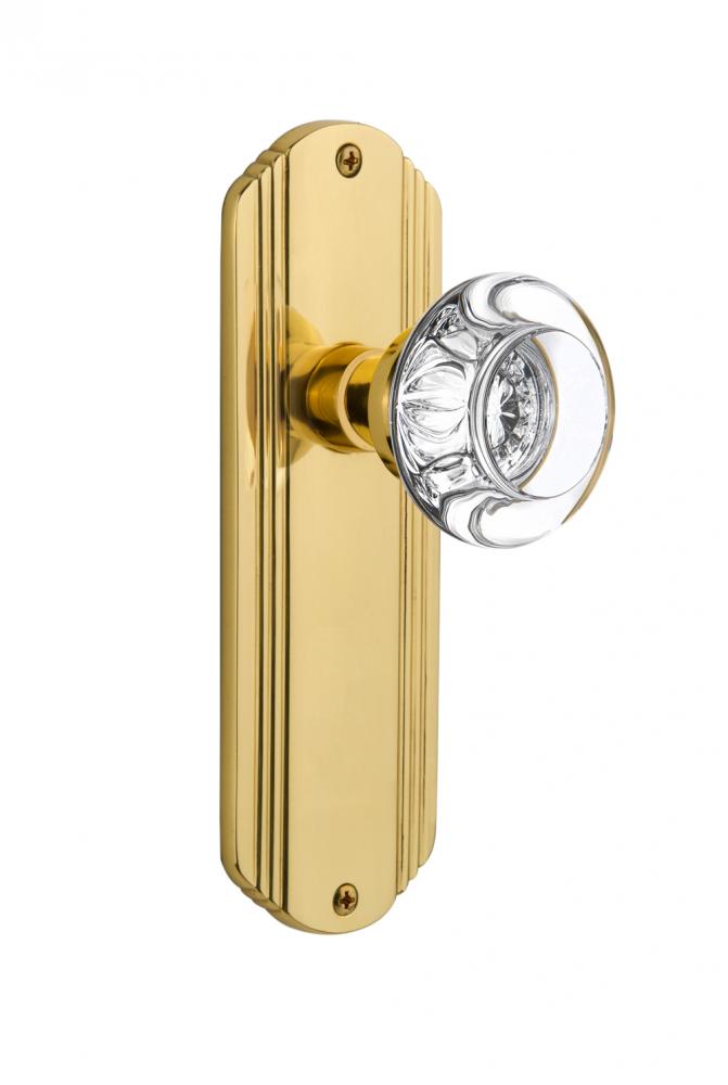 Nostalgic Warehouse Deco Plate Privacy Round Clear Crystal Glass Door Knob in Polished Brass