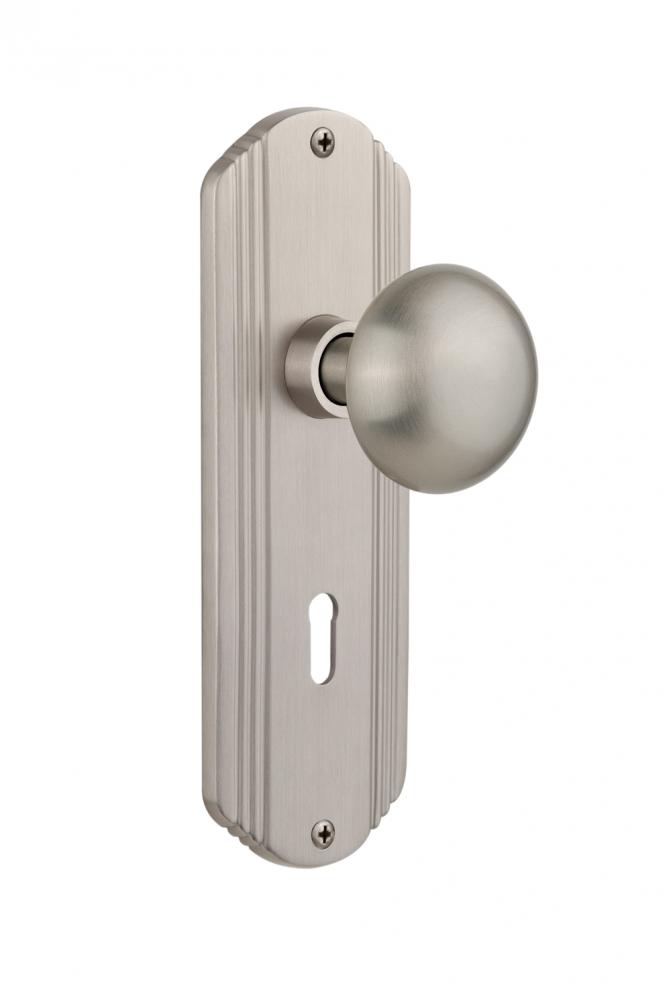 Nostalgic Warehouse Deco Plate Interior Mortise New York Door Knob in Satin Nickel
