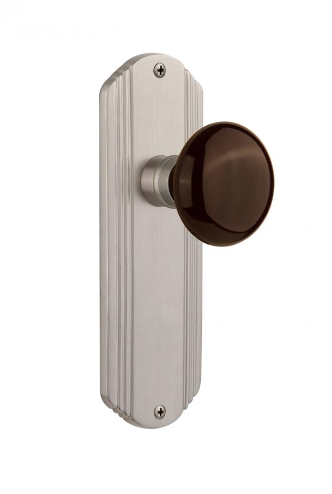 Nostalgic Warehouse Deco Plate Double Dummy Brown Porcelain Door Knob in Satin Nickel