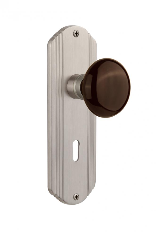 Nostalgic Warehouse Deco Plate with Keyhole Double Dummy Brown Porcelain Door Knob in Satin Nickel