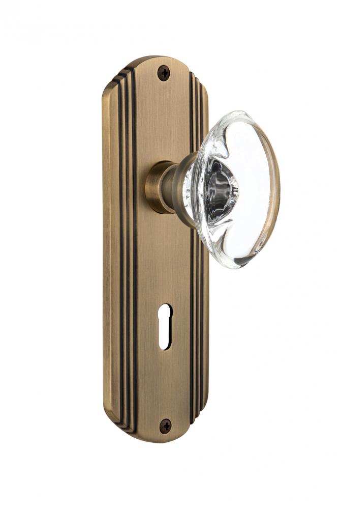 Nostalgic Warehouse Deco Plate Interior Mortise Oval Clear Crystal Glass Door Knob in Antique Bras