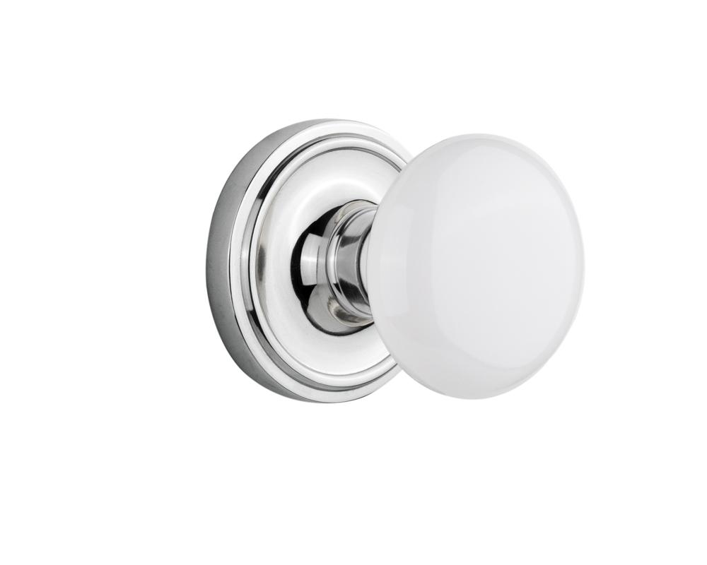 Nostalgic Warehouse Classic Rosette Passage White Porcelain Door Knob in Bright Chrome