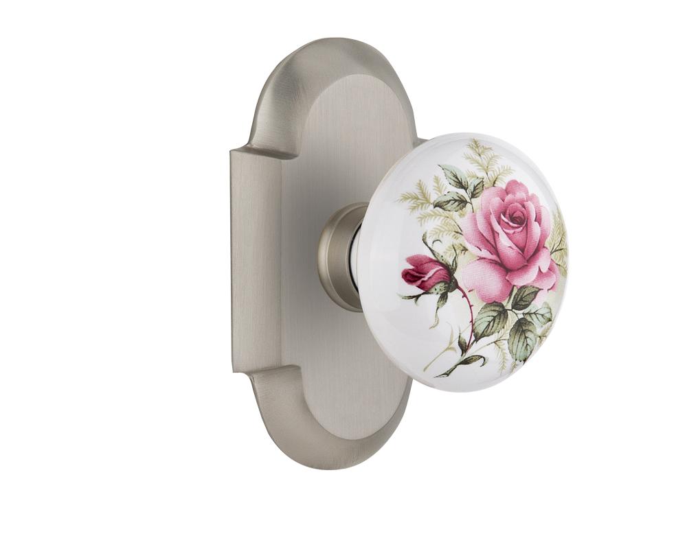 Nostalgic Warehouse Cottage Plate Passage White Rose Porcelain Door Knob in Satin Nickel