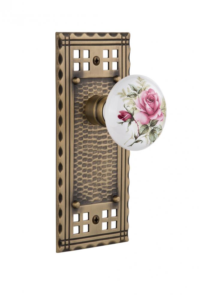 Nostalgic Warehouse Craftsman Plate Passage White Rose Porcelain Door Knob in Antique Brass