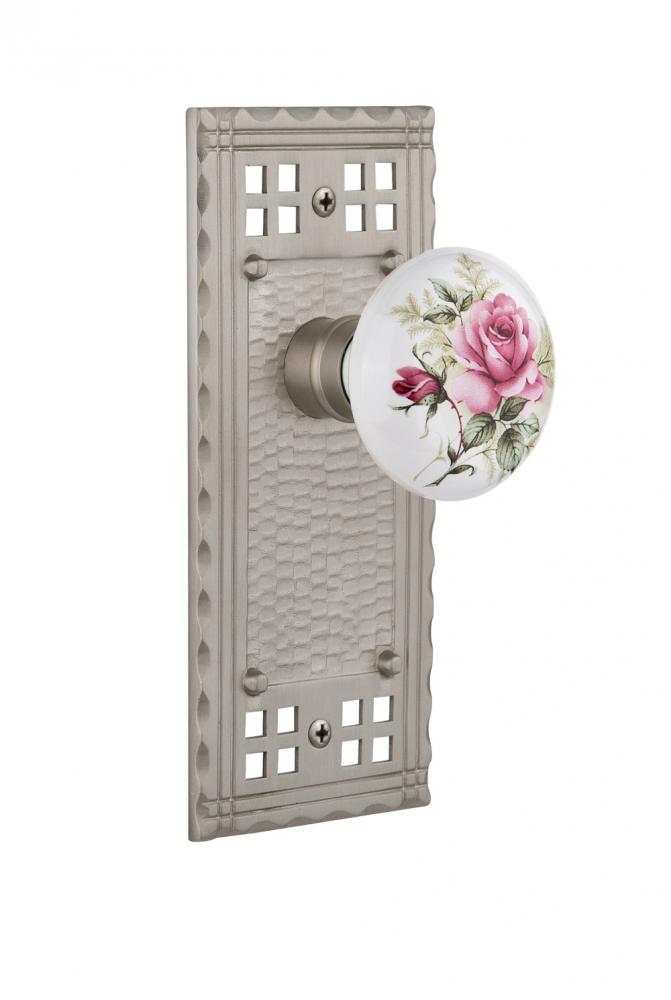 Nostalgic Warehouse Craftsman Plate Passage White Rose Porcelain Door Knob in Satin Nickel