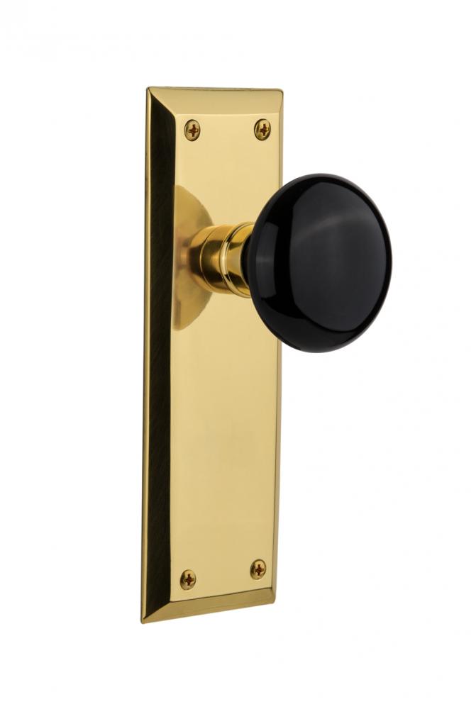 Nostalgic Warehouse New York Plate Passage Black Porcelain Door Knob in Unlacquered Brass