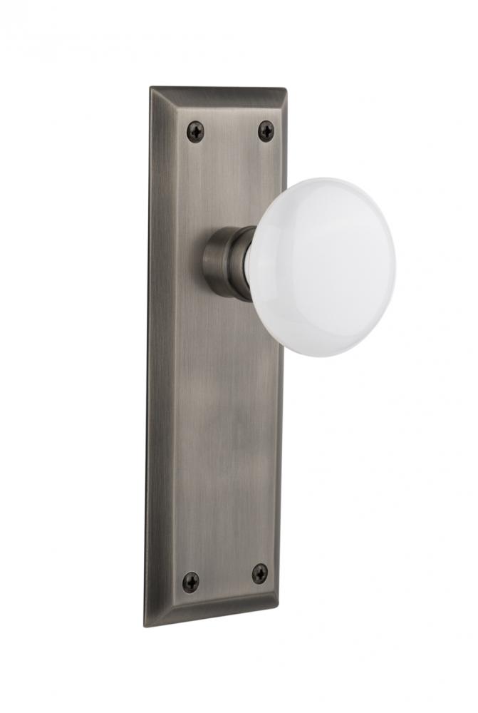Nostalgic Warehouse New York Plate Passage White Porcelain Door Knob in Antique Pewter