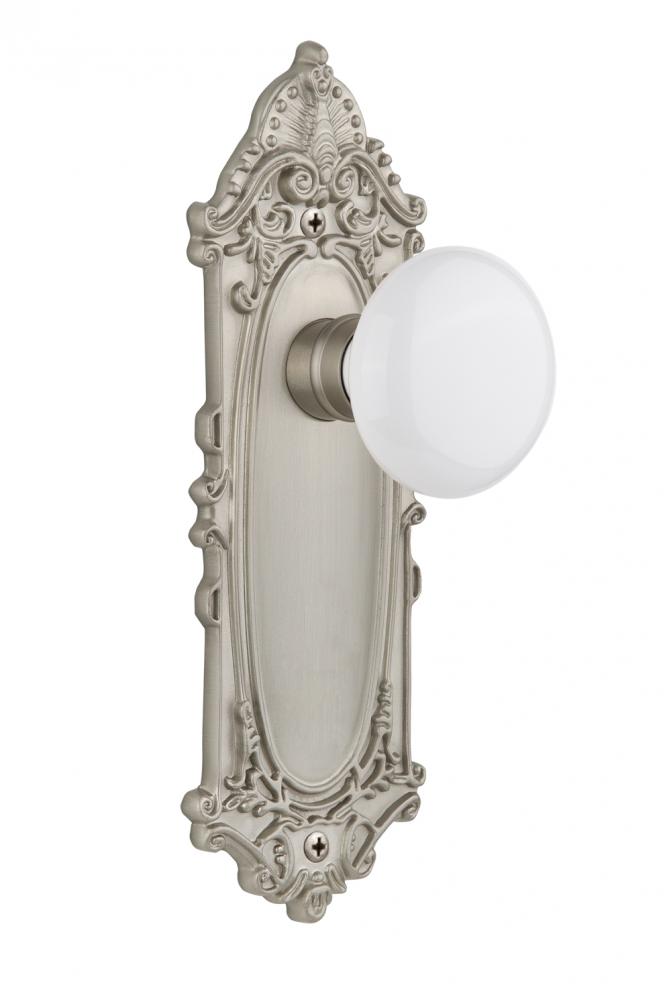 Nostalgic Warehouse Victorian Plate Passage White Porcelain Door Knob in Satin Nickel