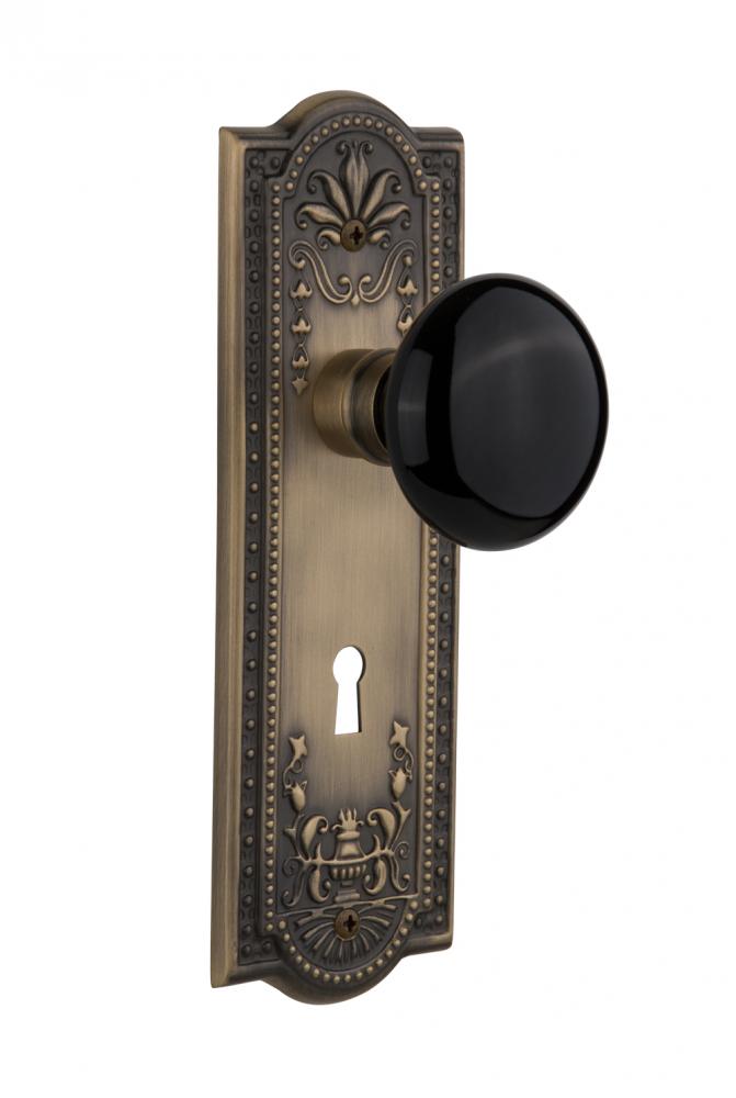 Nostalgic Warehouse Meadows Plate with Keyhole Passage Black Porcelain Door Knob in Antique Brass