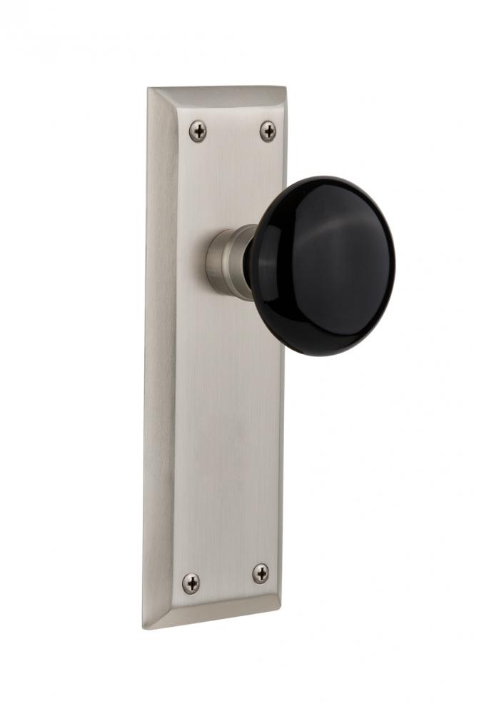 Nostalgic Warehouse New York Plate Single Dummy Black Porcelain Door Knob in Satin Nickel