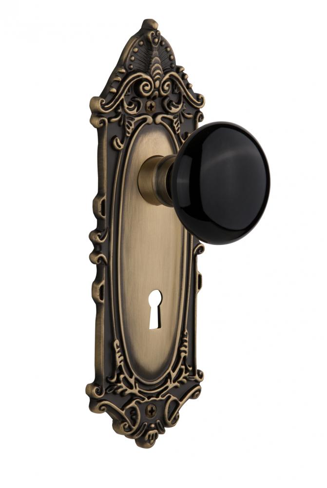 Nostalgic Warehouse Victorian Plate with Keyhole Privacy Black Porcelain Door Knob in Antique Bras