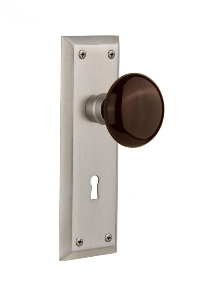 Nostalgic Warehouse New York Plate with Keyhole Privacy Brown Porcelain Door Knob in Satin Nickel