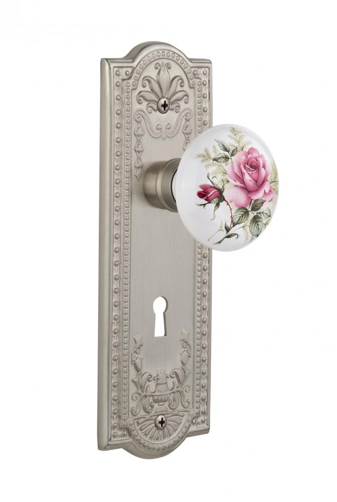 Nostalgic Warehouse Meadows Plate with Keyhole Passage White Rose Porcelain Door Knob in Satin Nic
