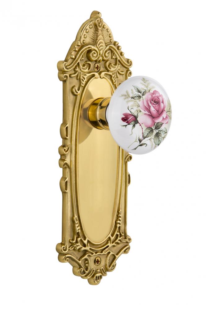 Nostalgic Warehouse Victorian Plate Double Dummy White Rose Porcelain Door Knob in Polished Brass