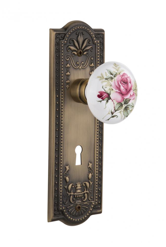 Nostalgic Warehouse Meadows Plate with Keyhole Privacy White Rose Porcelain Door Knob in Antique B